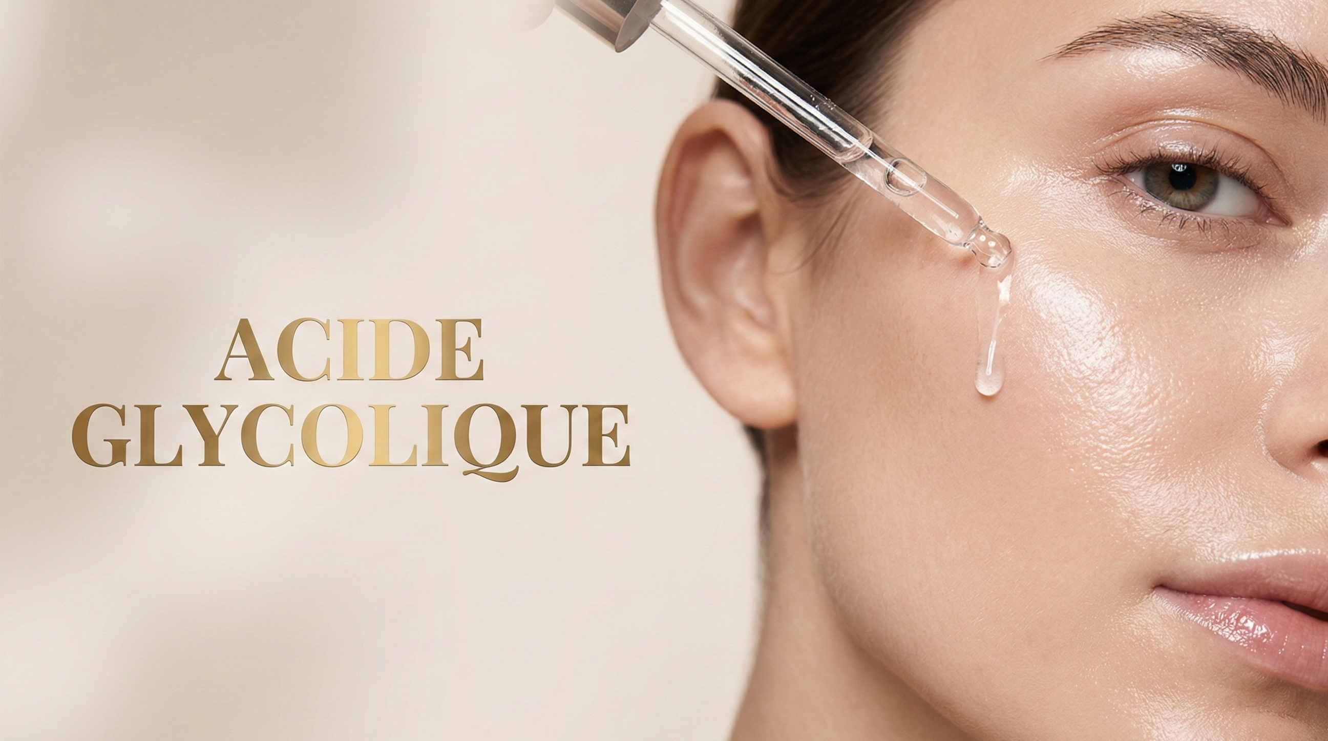 Application d'une goutte de sérum luxueux à l'acide glycolique pour un teint éclatant et une peau texture glass skin.