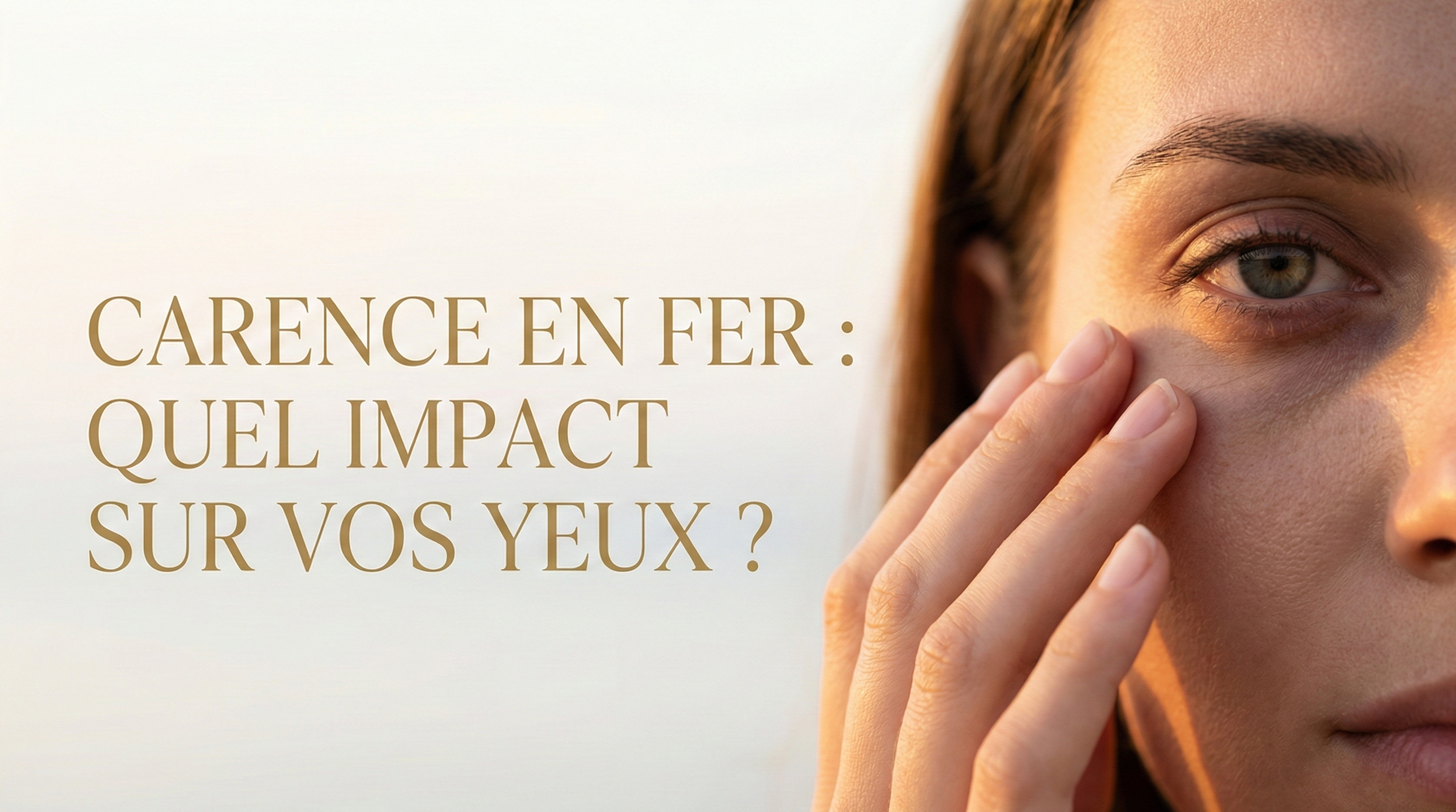 Femme touchant le contour de son œil et titre : Carence en fer, quel impact sur vos yeux ?