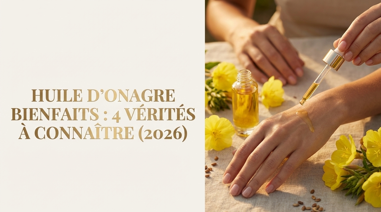 Application d'huile sur la peau avec fleurs jaunes et titre : Huile d'onagre bienfaits, 4 vérités à connaître (2026)