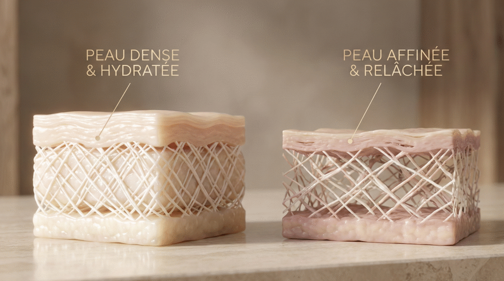 Peau coupe dense et hydratée vs peau affaissée Peau coupe dense et hydratee vs peau affaissee