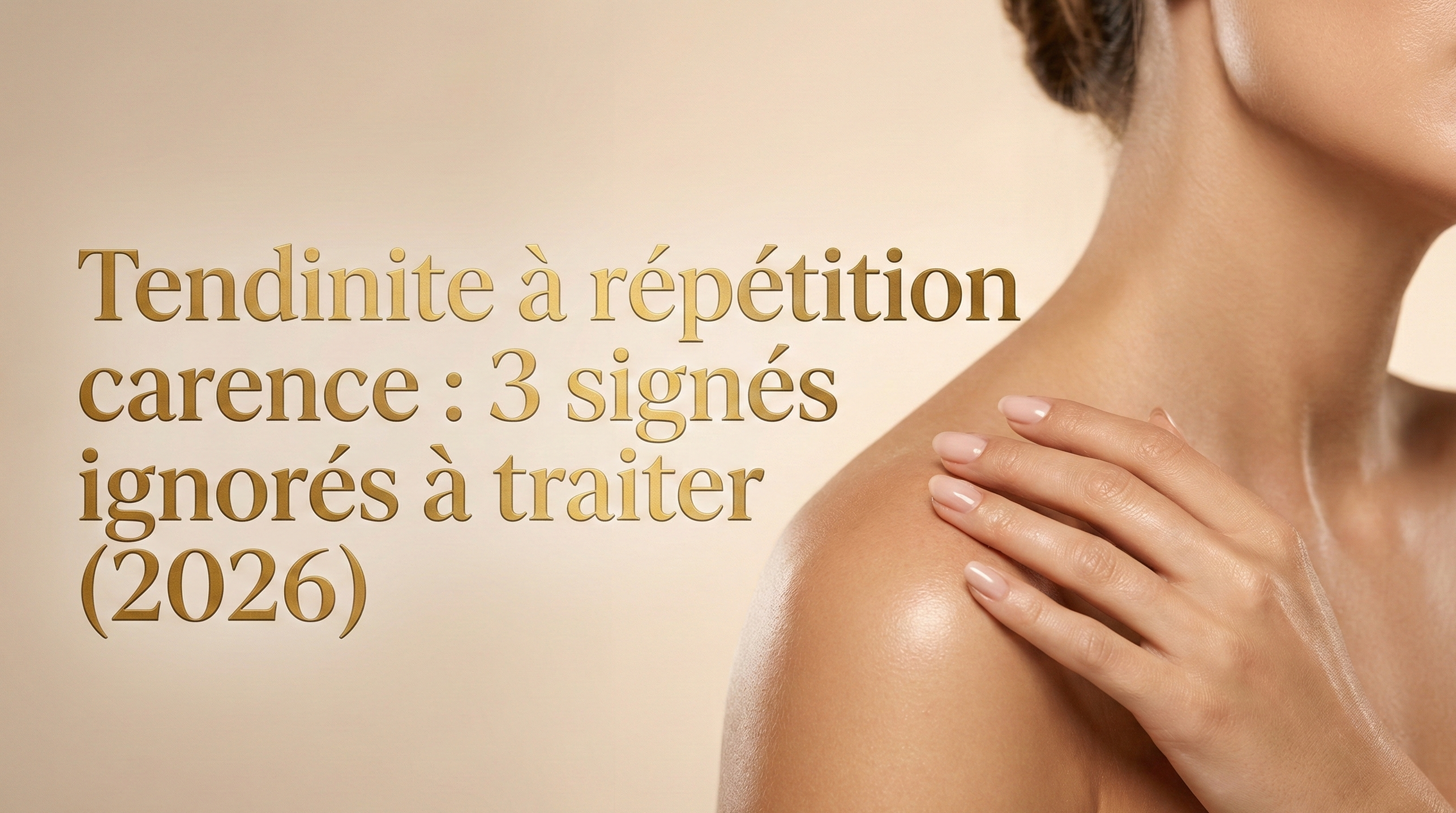 Femme touchant son épaule douloureuse et titre : Tendinite à répétition carence, 3 signes ignorés à traiter (2026)