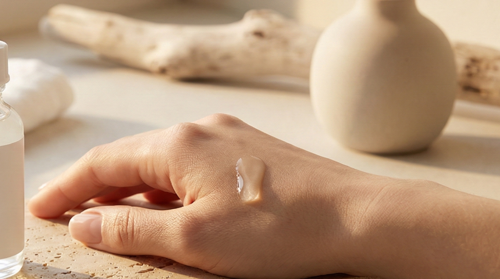 Texture d'un sérum à l'acide salicylique appliqué sur le dos d'une main