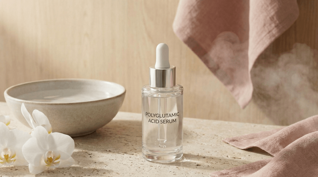 Flacon-pipette de sérum à l'acide polyglutamique (Polyglutamic Acid Serum) posé sur un comptoir près d'un bol d'eau et d'orchidées blanches