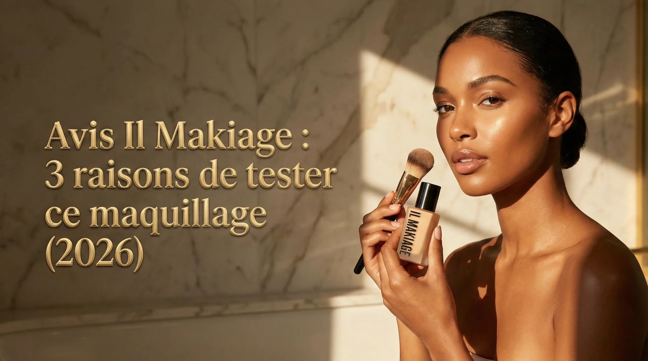 Modèle présentant un flacon de fond de teint de la marque Il Makiage