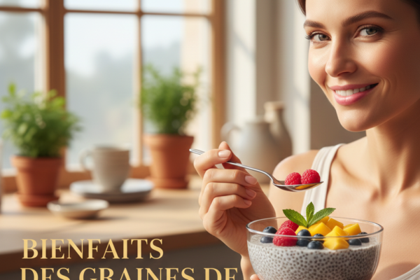 Femme souriante dégustant un pudding de graines de chia aux fruits, illustrant les bienfaits minceur des graines de chia (2026)