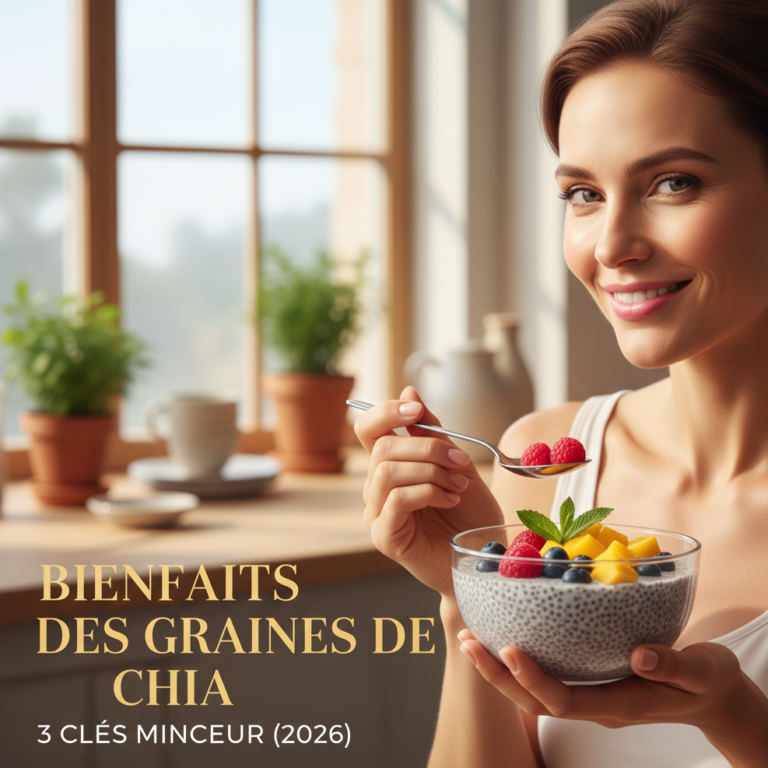 Femme souriante dégustant un pudding de graines de chia aux fruits, illustrant les bienfaits minceur des graines de chia (2026)