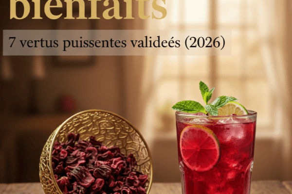 Illustration des bienfaits du Bissap, montrant une boisson glacée d'hibiscus (bissap) rouge garnie de citron et de menthe, à côté d'un bol de fleurs séchées.