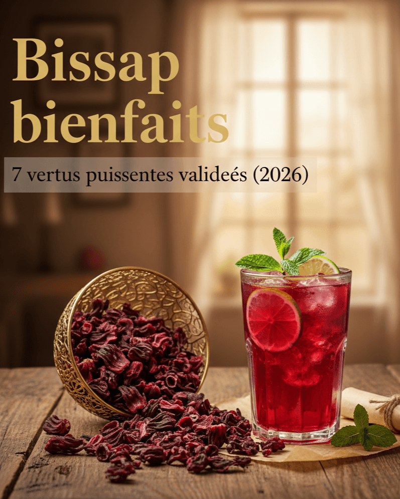 Illustration des bienfaits du Bissap, montrant une boisson glacée d'hibiscus (bissap) rouge garnie de citron et de menthe, à côté d'un bol de fleurs séchées.
