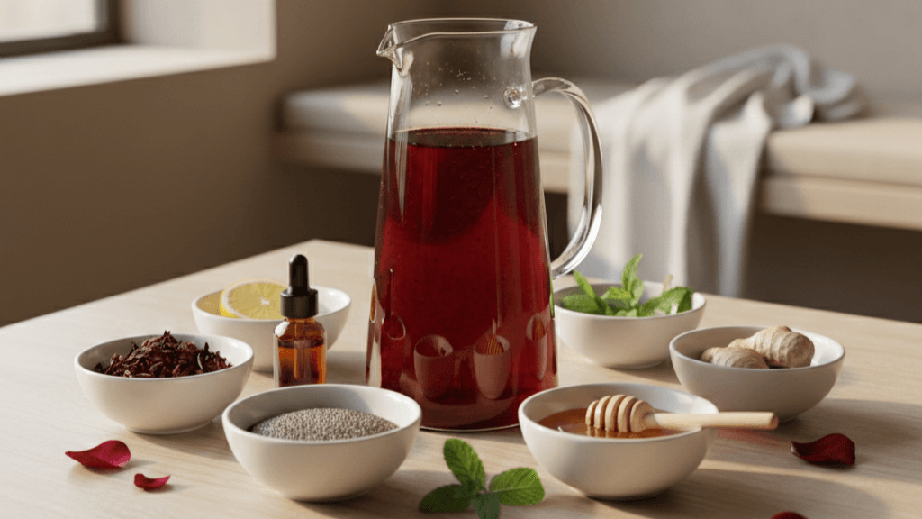 Pichet de jus de bissap rouge entouré de bols d'ingrédients naturels : hibiscus, gingembre, citron, miel et graines de chia
