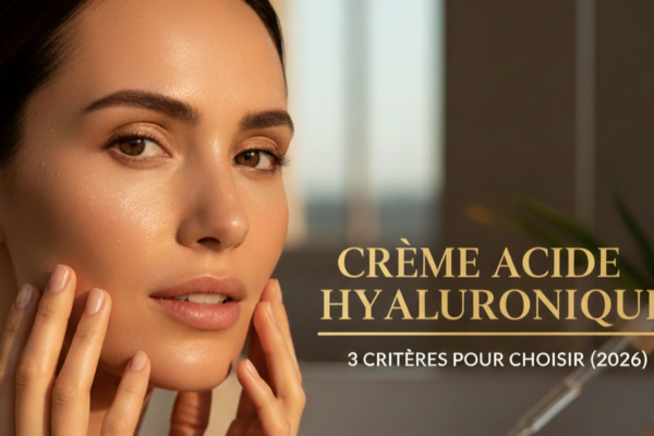 Pot en verre de crème hydratante avec un couvercle en bois, posé sur une dalle de pierre à côté d'une touche de crème et d'une branche de fleur de cerisier