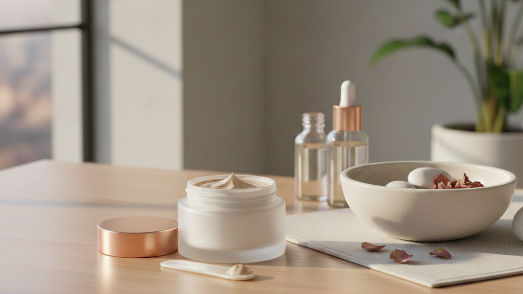 CREME PEAU SECHE illustration Pot de crème hydratante pour peau sèche ouvert sur une table avec une spatule et des flacons de sérum