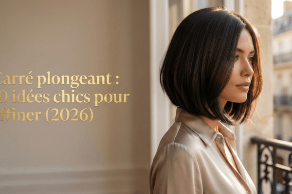 Femme brune de profil arborant un carré plongeant lisse et chic, illustrant une coupe idéale pour affiner le visage.