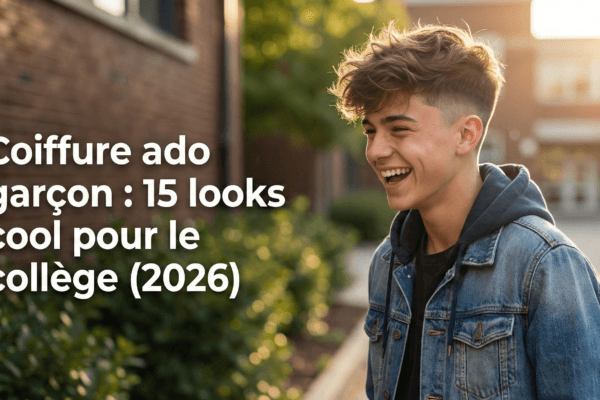 Adolescent souriant devant un collège, arborant une coiffure tendance pour garçon, illustrant l'article sur les looks pour le collège.
