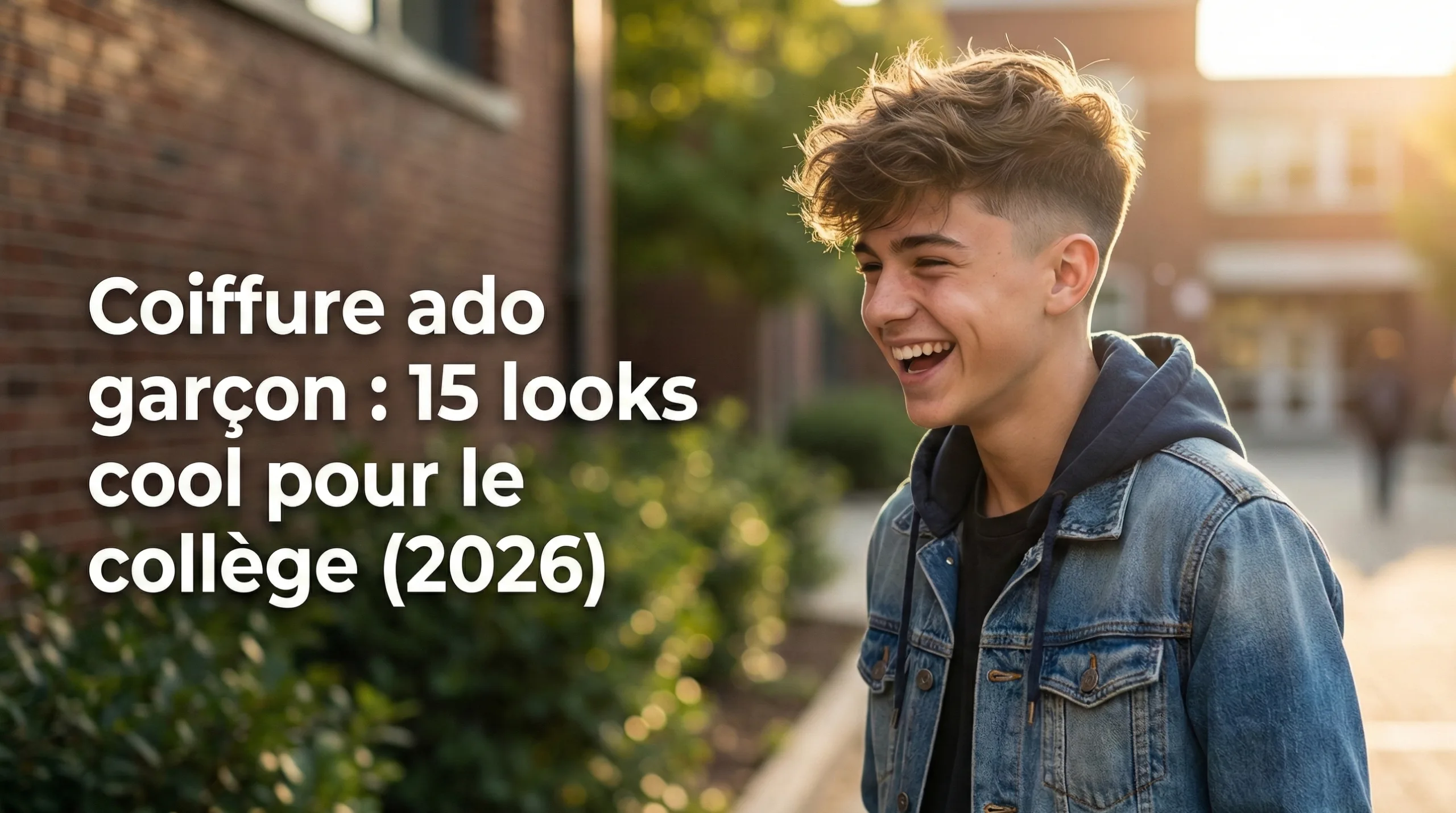 Adolescent souriant devant un collège, arborant une coiffure tendance pour garçon, illustrant l'article sur les looks pour le collège.