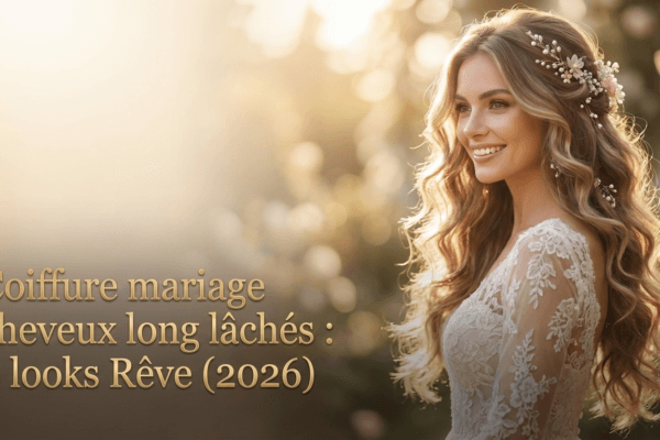Mariée radieuse portant ses cheveux longs lâchés et ondulés avec des accessoires floraux, exemple de coiffure de rêve pour un mariage.