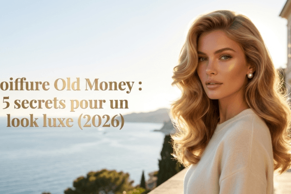 Portrait lumineux d'une femme blonde aux cheveux ondulés volumineux, incarnant la tendance coiffure Old Money et le look luxe.