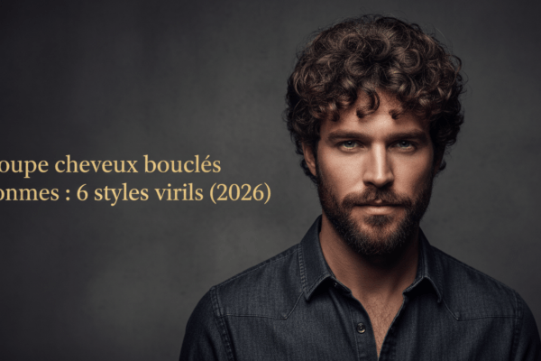 Portrait d'un homme barbu au regard intense avec une coupe de cheveux bouclés structurée, illustrant un style viril.