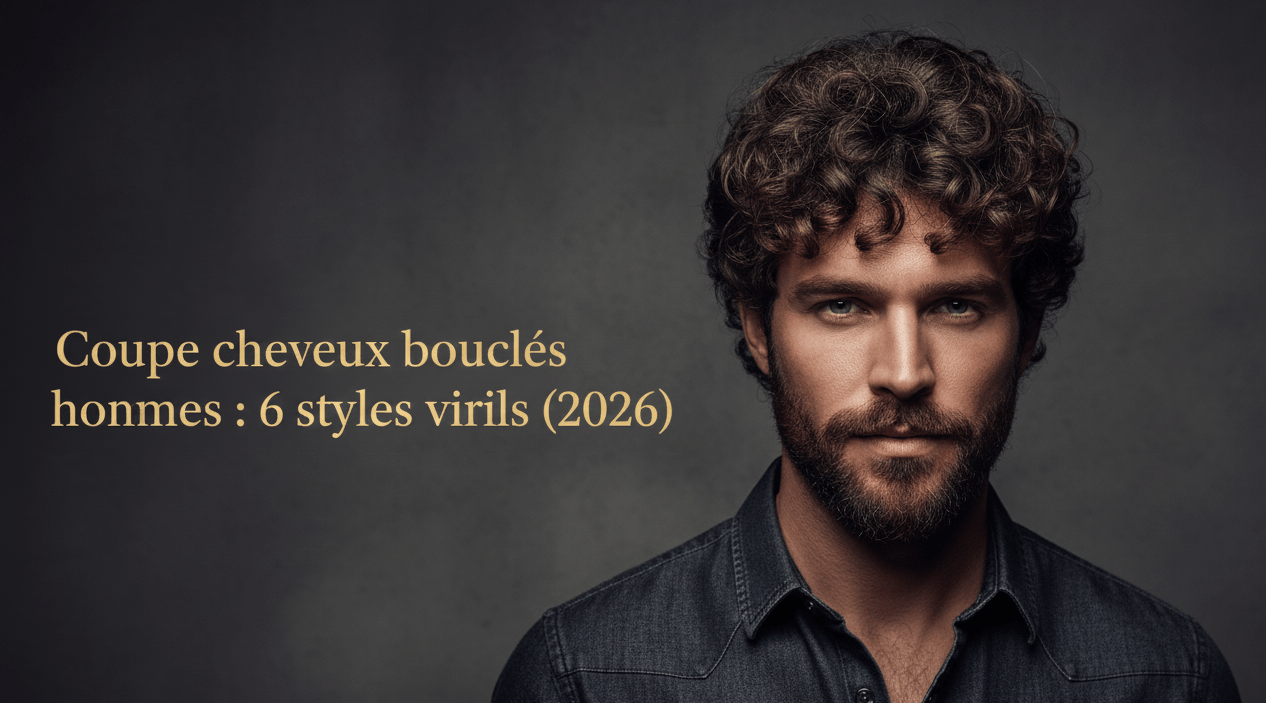 Portrait d'un homme barbu au regard intense avec une coupe de cheveux bouclés structurée, illustrant un style viril.