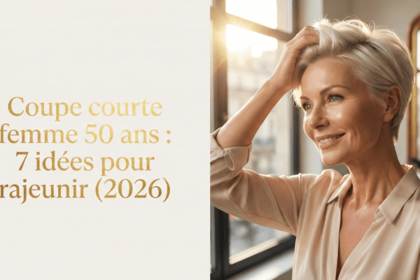 Femme mâture souriante mettant en valeur sa coupe courte grise moderne, illustrant une idée de coiffure pour femme de 50 ans.