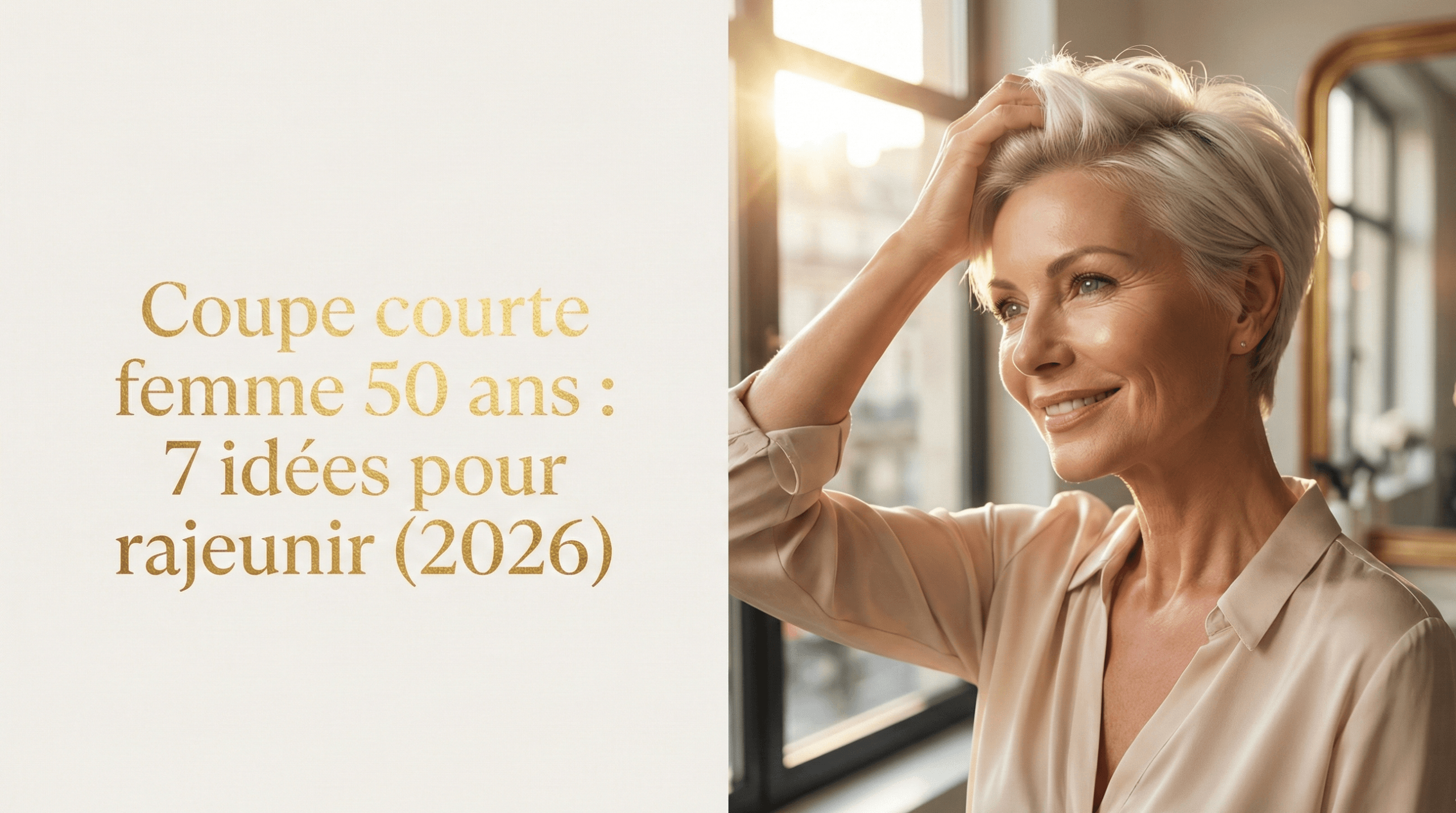 Femme mâture souriante mettant en valeur sa coupe courte grise moderne, illustrant une idée de coiffure pour femme de 50 ans.