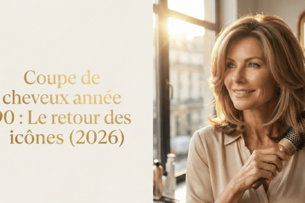 Femme souriante coiffant ses cheveux en un brushing volumineux et dégradé, illustrant la tendance coupe de cheveux année 90.