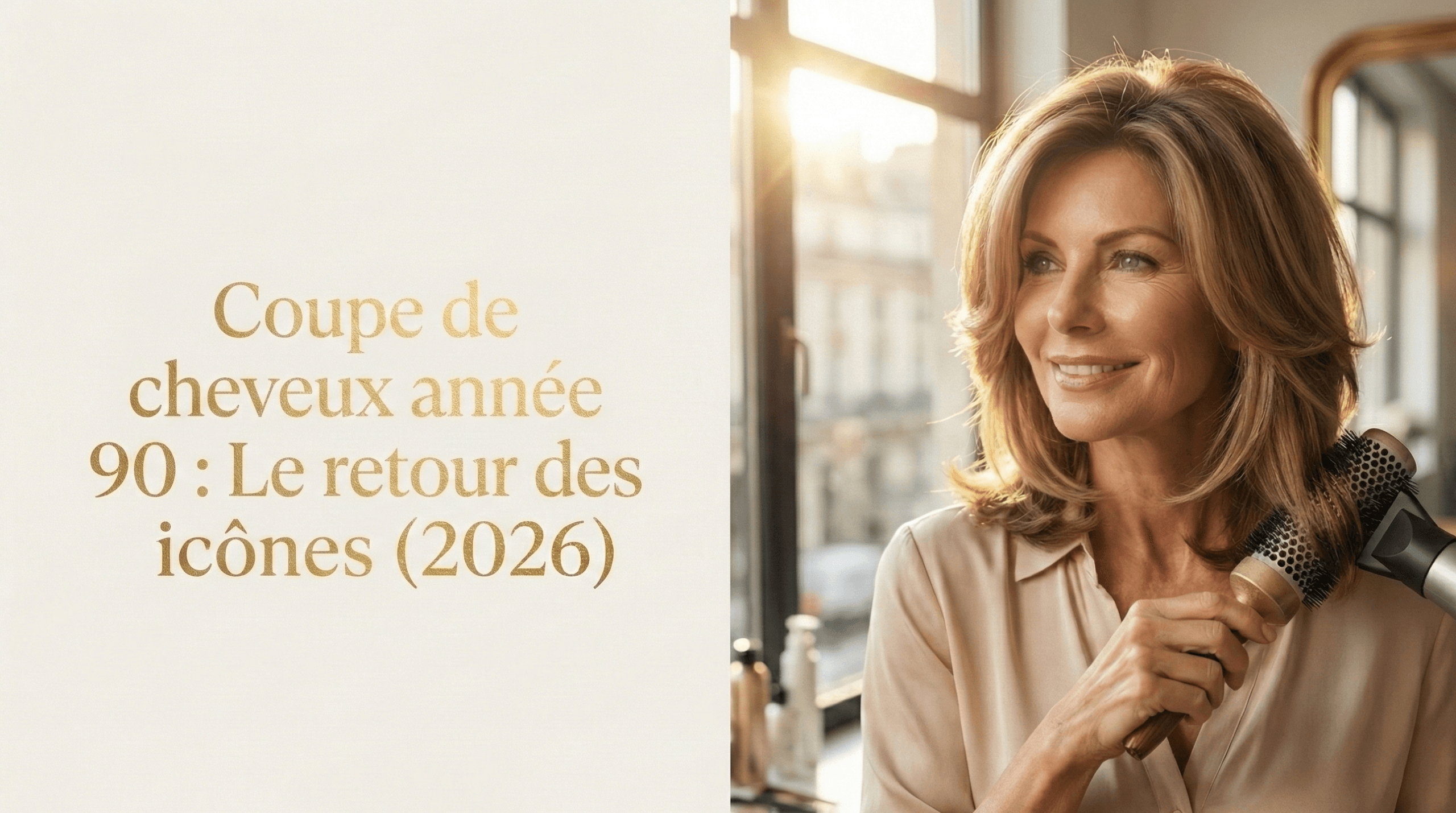 Femme souriante coiffant ses cheveux en un brushing volumineux et dégradé, illustrant la tendance coupe de cheveux année 90.