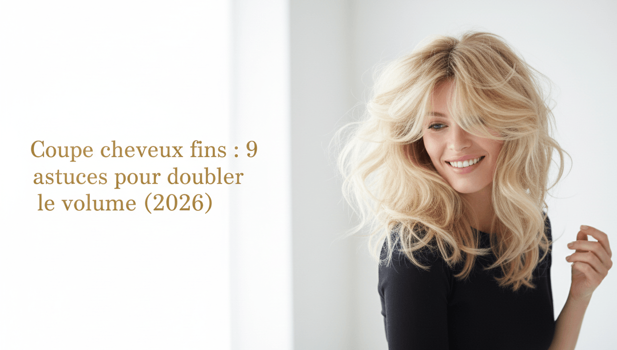 Femme blonde aux cheveux mi-longs coiffés avec un grand volume dégradé, illustrant le résultat d'astuces pour cheveux fins.