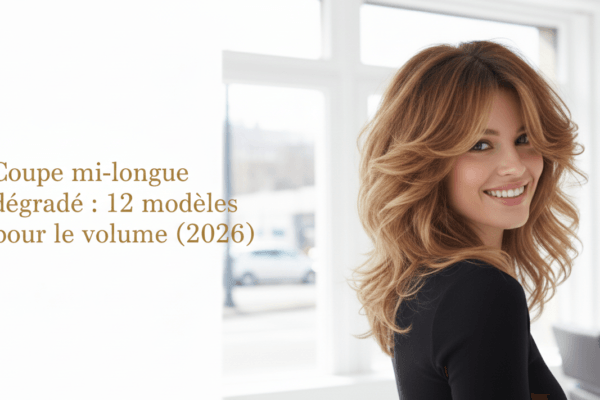 Portrait d'une femme souriante montrant sa coupe mi-longue dégradée et volumineuse, exemple de modèle pour l'article.