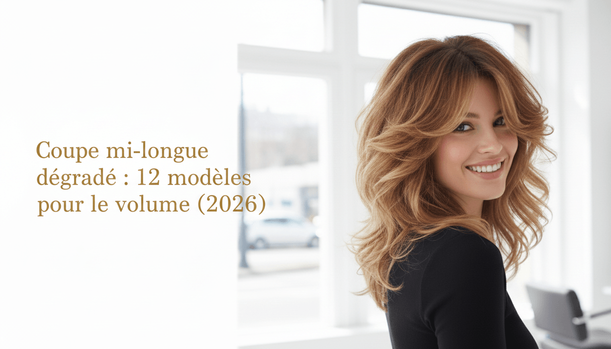 Portrait d'une femme souriante montrant sa coupe mi-longue dégradée et volumineuse, exemple de modèle pour l'article.
