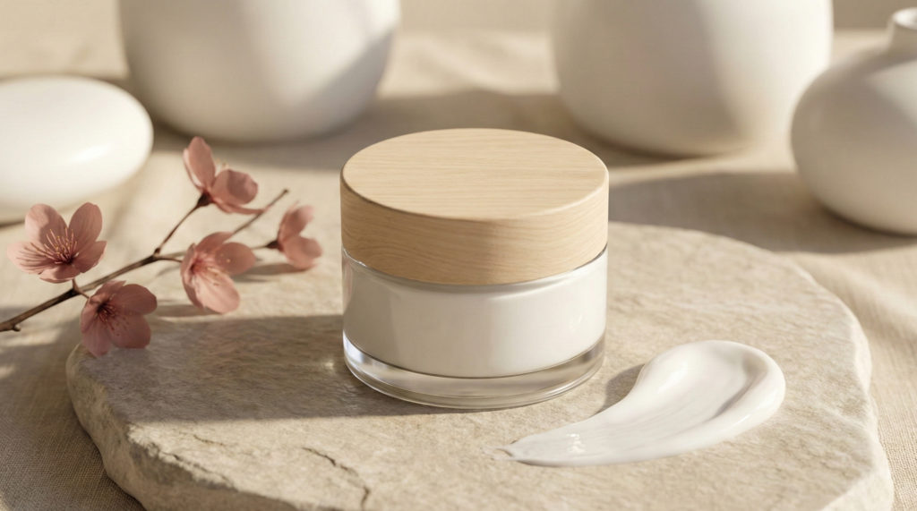 Pot de crème hydratante à l'acide hyaluronique, avec un capuchon en bois, posé sur une dalle de pierre