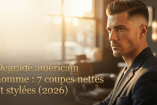 Portrait d'un homme de profil arborant une coupe en dégradé américain stylée, illustrant un article sur le sujet dans un décor de barbier.