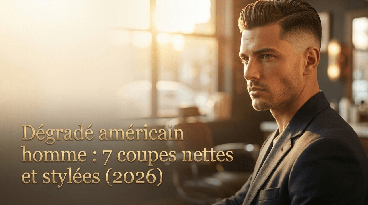 Portrait d'un homme de profil arborant une coupe en dégradé américain stylée, illustrant un article sur le sujet dans un décor de barbier.