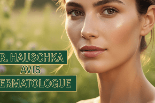 Dr. Hauschka avis dermatologue : gros plan sur un mannequin femme à la peau éclatante, au maquillage naturel et aux cheveux bruns, en extérieur