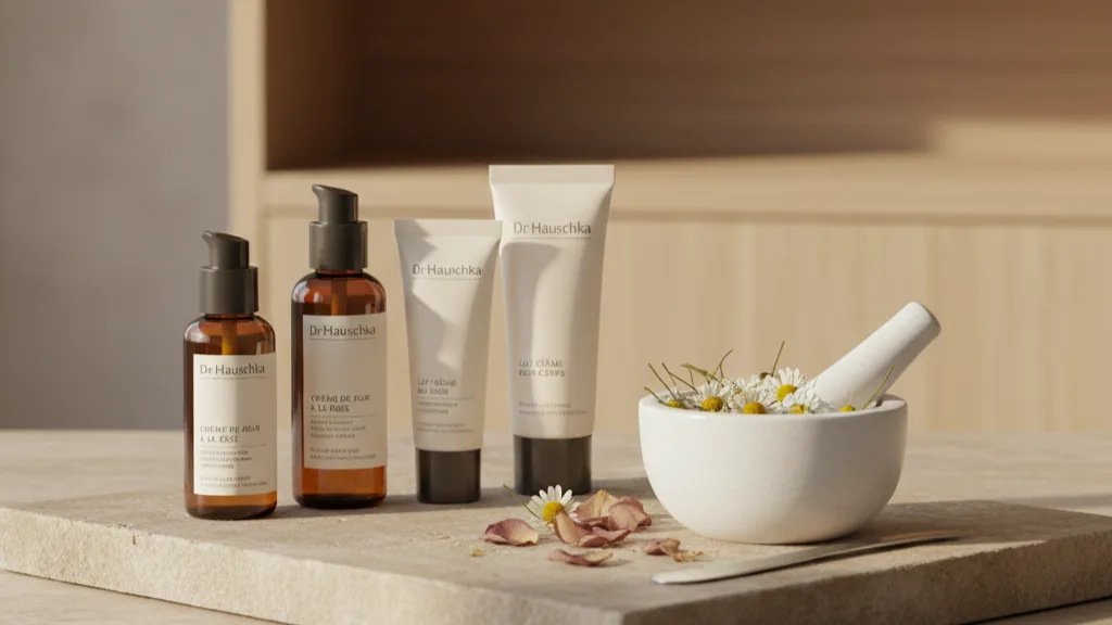 Sélection de produits cosmétiques naturels Dr. Hauschka (crèmes, sérums) et mortier contenant des fleurs de camomille séchées