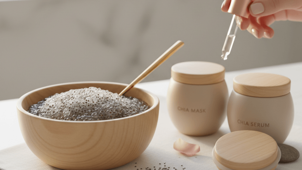 "Préparation de soins cosmétiques maison avec un bol de gel de chia, un sérum et un masque au chia
