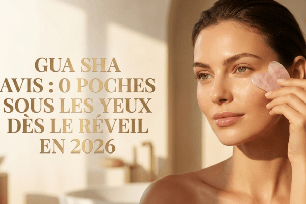 Massage du contour des yeux avec une pierre de Gua Sha en quartz rose