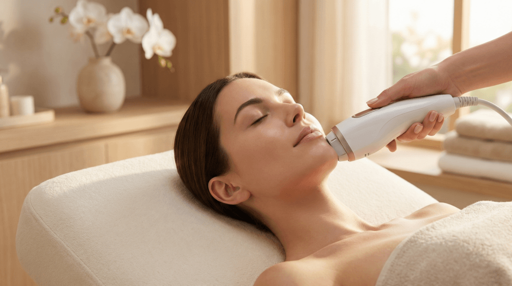 Séance de lifting HIFU : passage de l'appareil à ultrasons focalisés sur la mâchoire d'une patiente