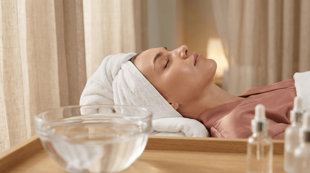 Femme allongée prête pour un soin Hydrafacial avec sérums et bol d'eau au premier plan