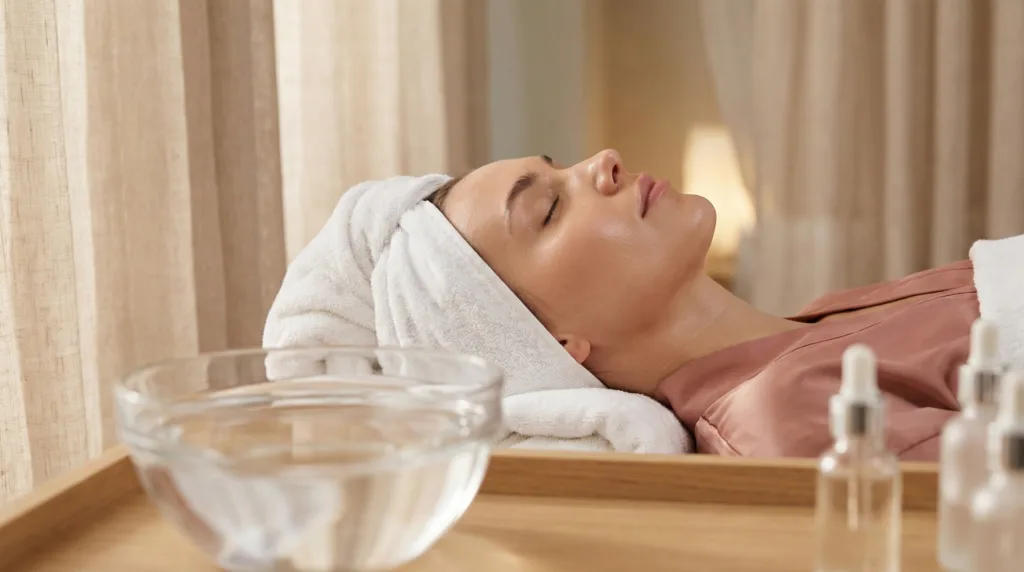 Femme allongée prête pour un soin Hydrafacial avec sérums et bol d'eau au premier plan