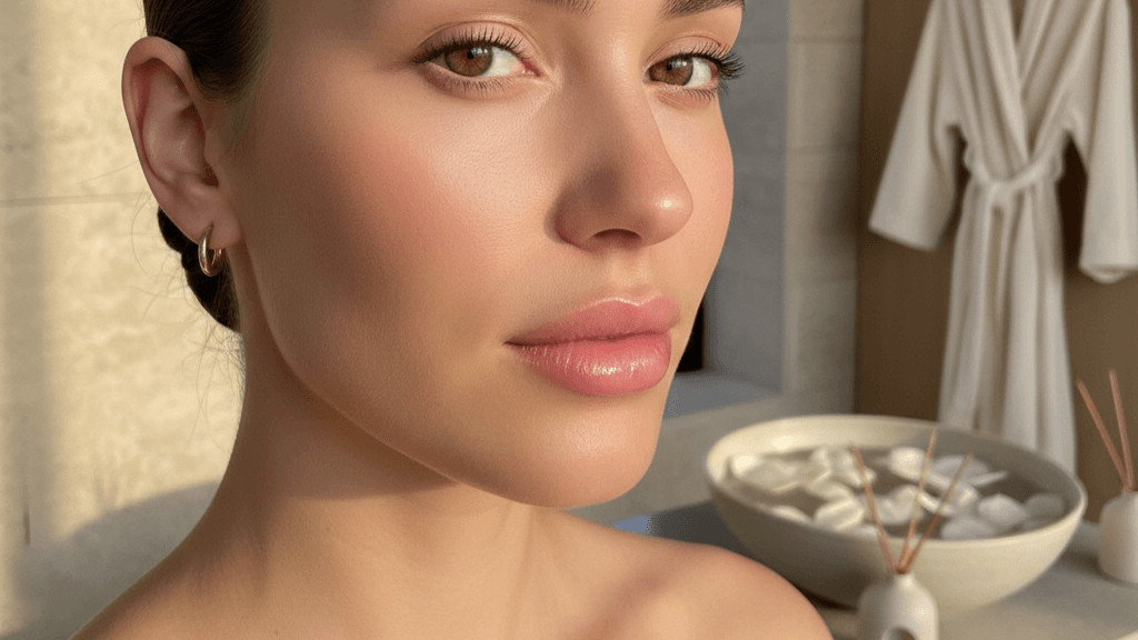 Gros plan sur le visage d'une femme aux lèvres volumineuses et brillantes après un soin esthétique