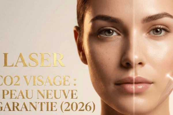 Visage de femme montrant un effet avant-après peeling et titre : Laser CO2 visage, 1 peau neuve garantie (2026)