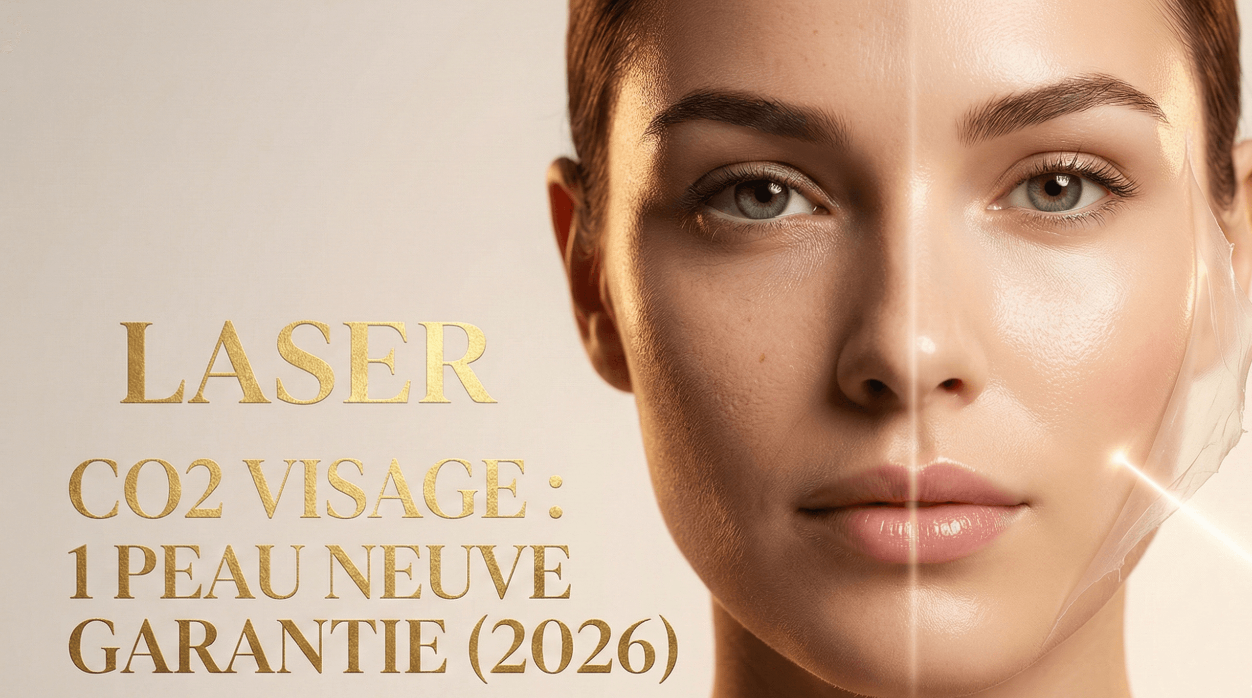 Visage de femme montrant un effet avant-après peeling et titre : Laser CO2 visage, 1 peau neuve garantie (2026)