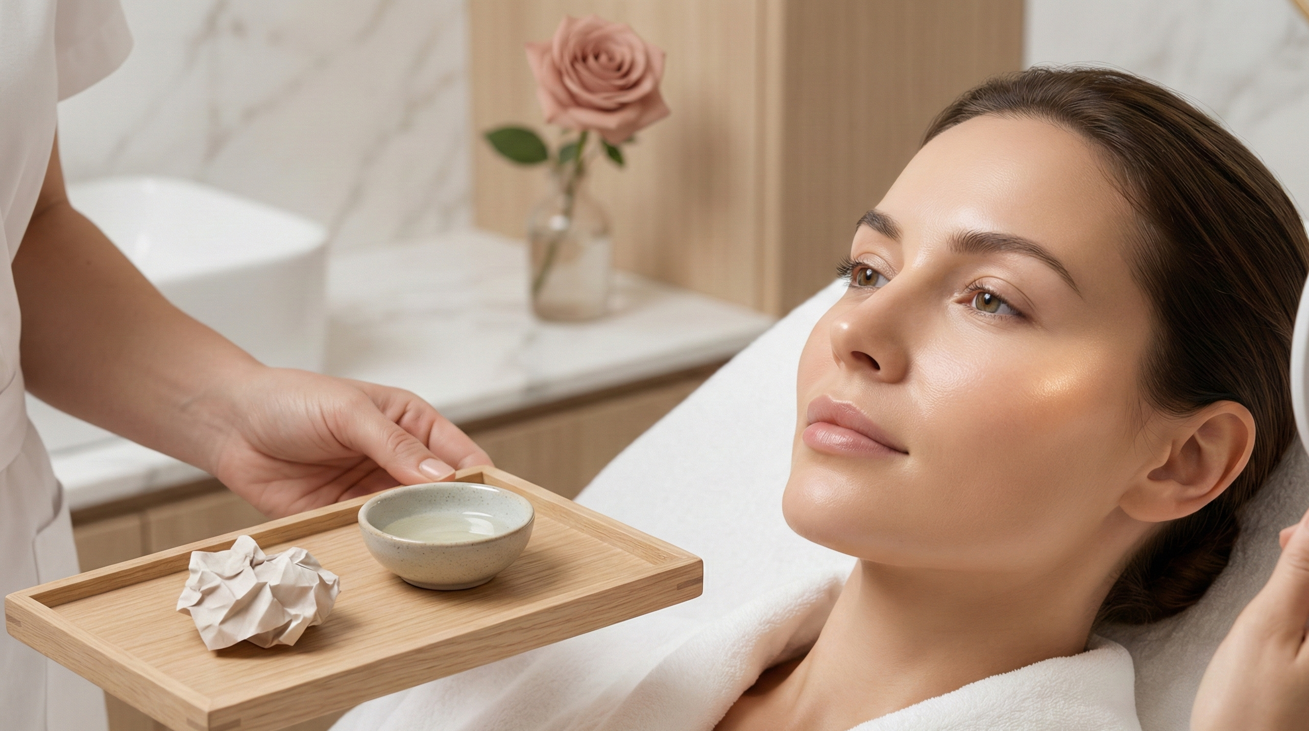 Patiente allongée en institut de beauté se préparant pour une séance de laser CO2 visage