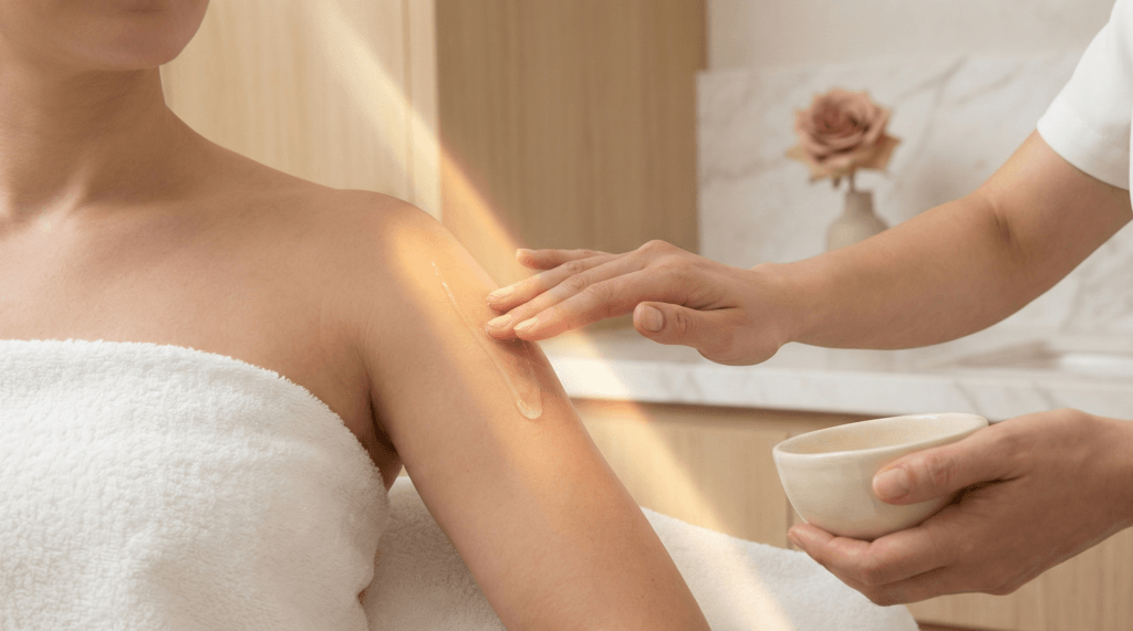 Application d'un gel sur l'épaule d'une patiente avant un traitement de cicatrice