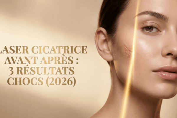 Femme avec une cicatrice sur la joue traitée par un rayon lumineux et texte superposé : Laser cicatrice avant après, 3 résultats chocs (2026)