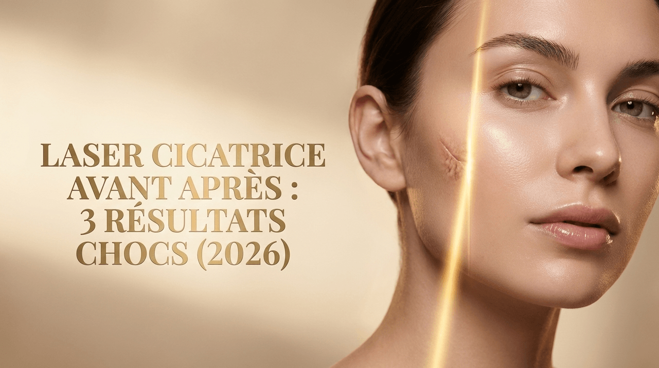 Femme avec une cicatrice sur la joue traitée par un rayon lumineux et texte superposé : Laser cicatrice avant après, 3 résultats chocs (2026)