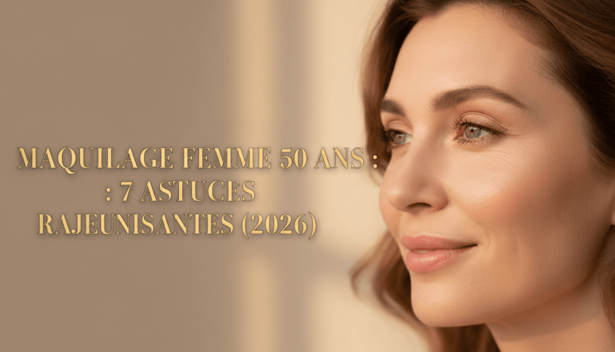 Gros plan sur le visage d'une femme d'âge mûr avec un maquillage rajeunissant, illustrant les astuces de l'article.