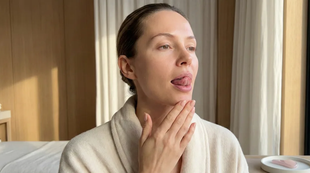 Mewing Femme réalisant un exercice de mewing en positionnant sa langue pour redéfinir sa mâchoire