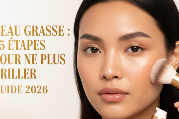 Application de poudre matifiante au pinceau sur le visage - Titre : Peau grasse, 5 étapes pour ne plus briller (Guide 2026)