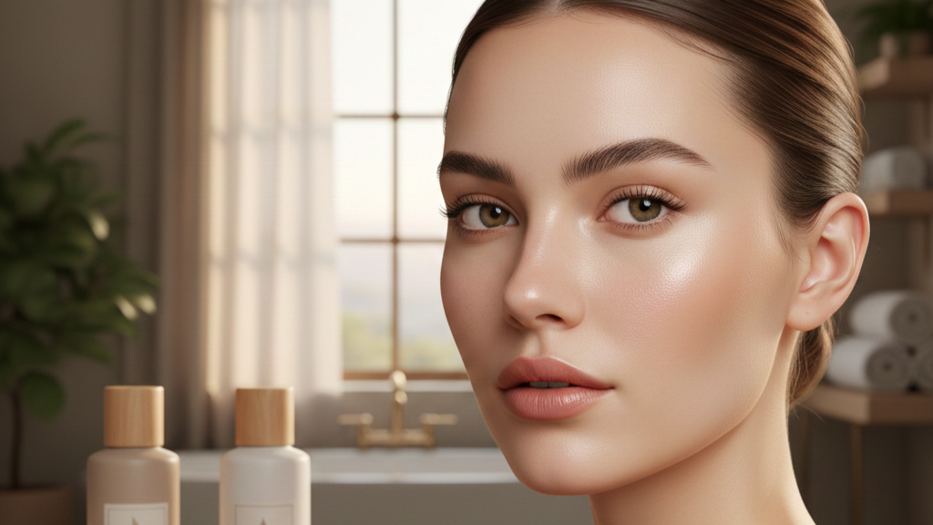 PEAU GRASSE illustration Visage de femme à la peau lisse et lumineuse illustrant une routine beauté pour peau grasse